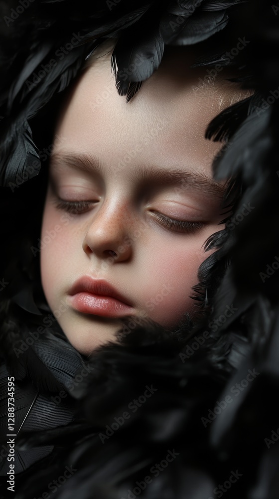 Young child's serene expression surrounded by dark feathers captures a moment of stillness in a chaotic world Young child's serene expression surrounded by dark feathers captures a moment of stillness in a chaotic world