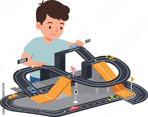 Child playing with race track in colorful flat design vector illustration