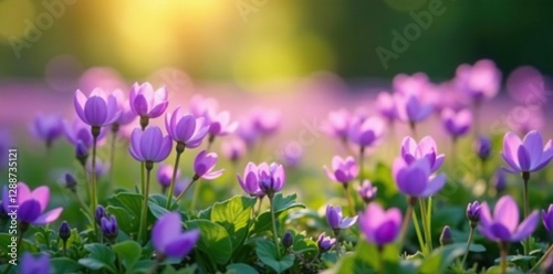 A field of purple violets swaying gently in the breeze, flowers,