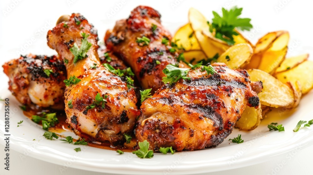 Grilled Chicken Drumsticks with Crispy Potatoes and Fresh Herbs on a White Plate Gourmet Dining Experience Grilled Chicken Drumsticks with Crispy Potatoes and Fresh Herbs on a White Plate Gourmet Dining Experience