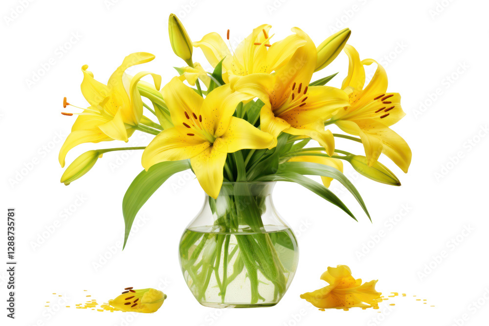 Obraz premium Yellow lilies in a glass vase with water droplets on petals creating a fresh look isolated on white background