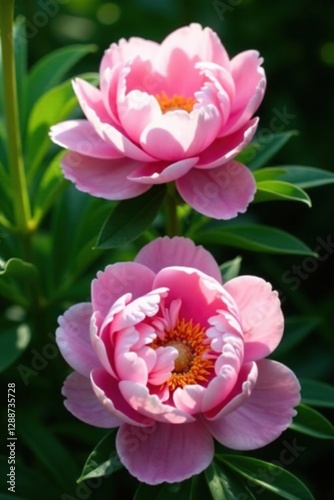 Soft pink peony flowers in a lush green foliage with deep shadow, pink peonies, shadows, garden flowers