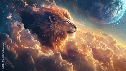 Fototapeta Naklejka Na Ścianę i Meble -  Majestic Lion Emerging from Cosmic Clouds Over a Distant Planetary Landscape