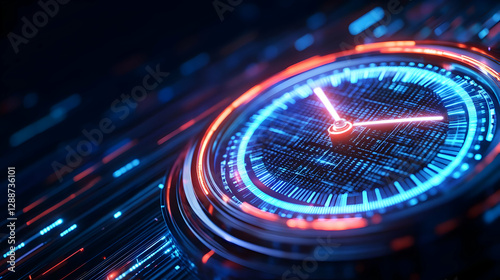 A futuristic clock interface showcasing vibrant blue and red lights with data stream effects, symbolizing time and innovation.
