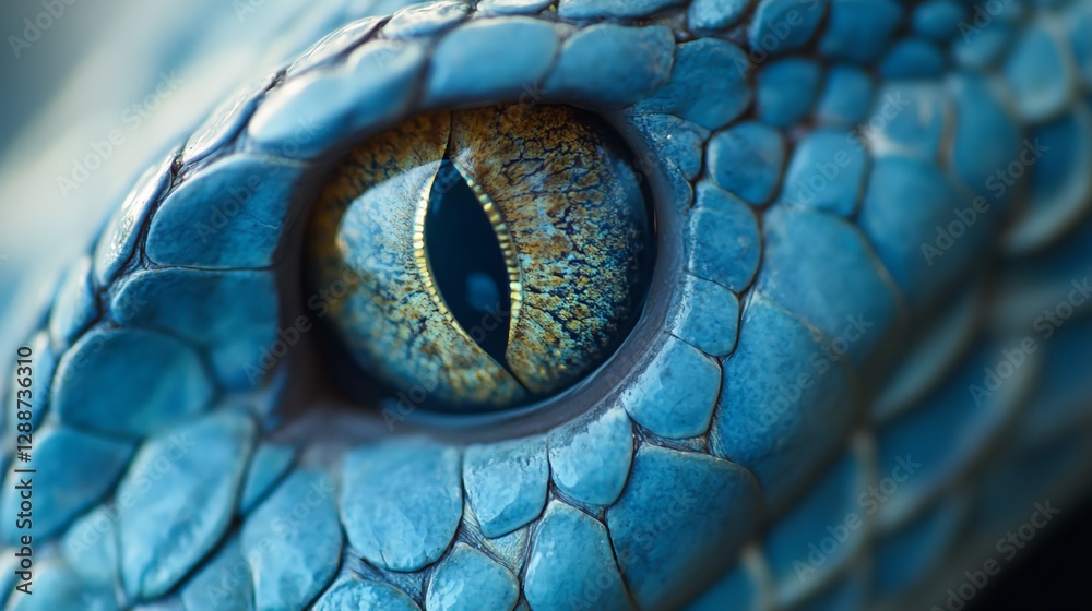 Fototapeta premium Close-Up of a Striking Blue Snake with Captivating Amber Eyes