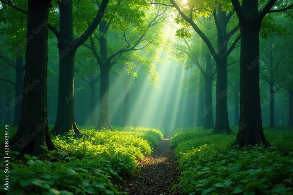 Fototapeta premium Forest of green trees with mist rising from the forest floor,, forest floor
