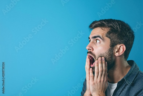 Portrait studio d’un homme choqué sur fond coloré bleu