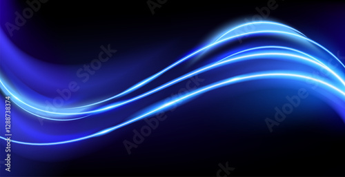 Abstract glowing blue light waves flow smoothly across a dark background, creating a futuristic and high tech visual. The neon streaks convey motion, energy, and modern digital aesthetics.Vector