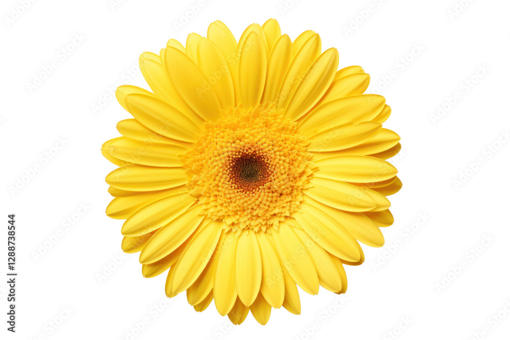 Yellow gerbera with a sunny appearance and intricate petal details, captured with a crisp white backdrop, isolated on white background Yellow gerbera with a sunny appearance and intricate petal details, captured with a crisp white backdrop, isolated on white background