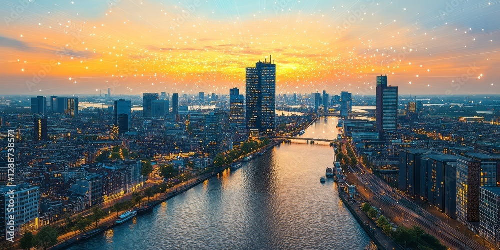 Fototapeta premium A stunning cityscape view showcases a river and modern buildings