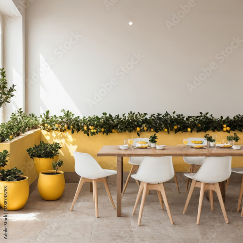Photo mock up of a light cozy cafe interior in a Mediterranean style with wooden furniture and a lemon tree decorations