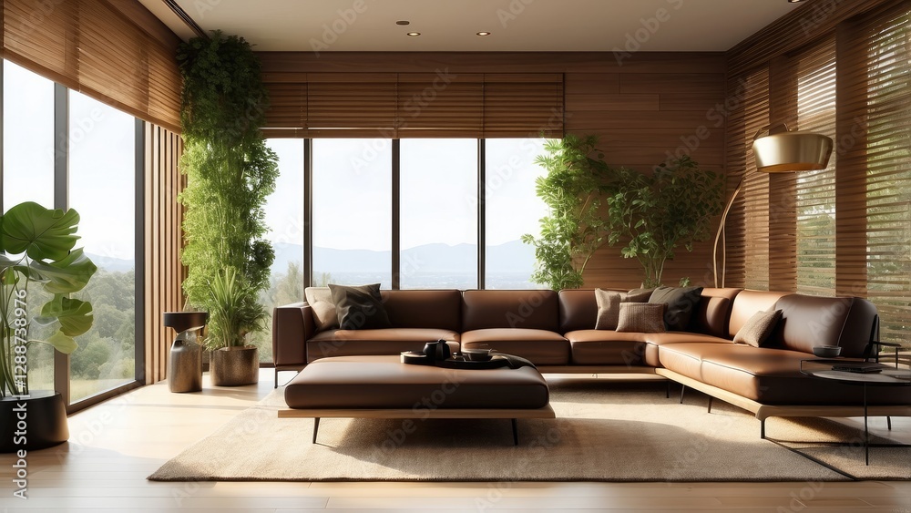 Fototapeta premium Modern living room with a minimalist design featuring a black accent wall
