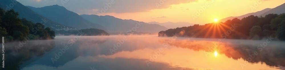 Fototapeta premium Golden hour mist rising from a calm lake amidst rolling hills and distant mountains, sky evening landscape, rolling hills
