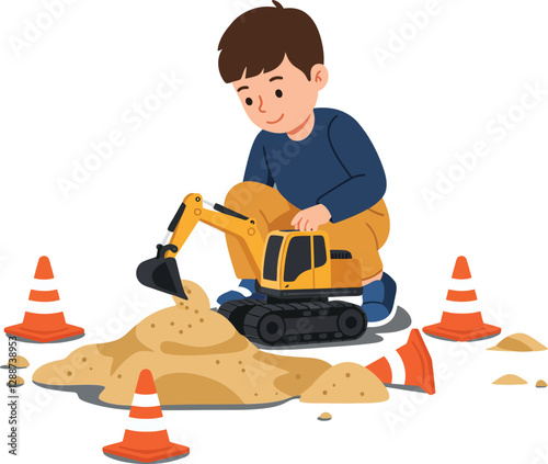 Child playing with toy digger in construction site flat vector art