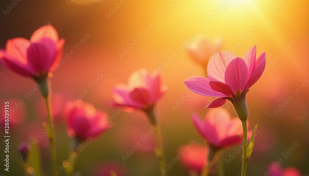 Pink flowers against a warm golden background with sunlight filtering through, background, hues