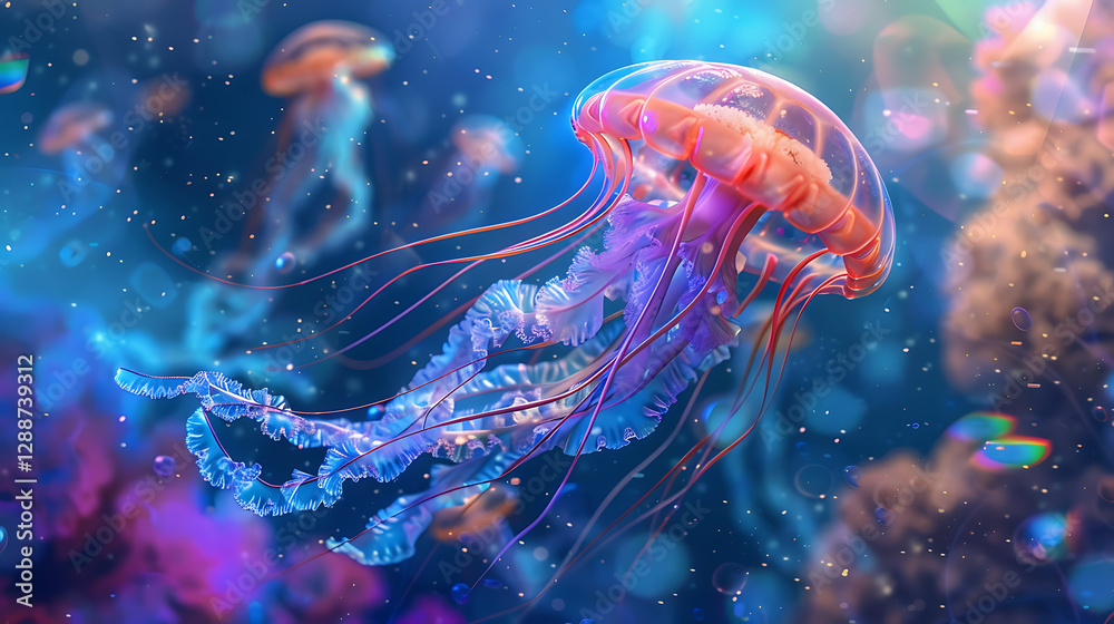 Ethereal glowing jellyfish floating in a colorful digital ocean Ethereal glowing jellyfish floating in a colorful digital ocean