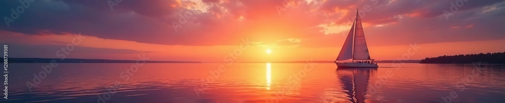 Obraz premium Sunset on Lake Baikal with a sailboat on the horizon, horizon, serene, sailboat