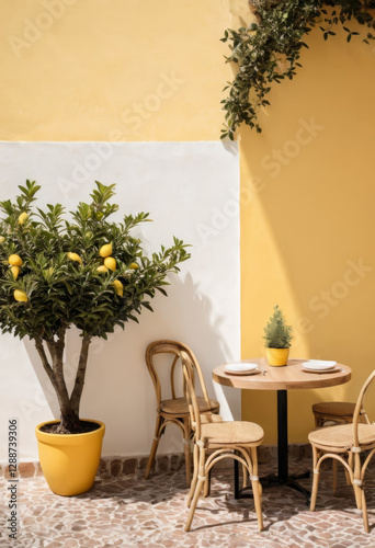 Photo mock up of a light cozy cafe interior in a Mediterranean style with wooden furniture and a lemon tree decorations