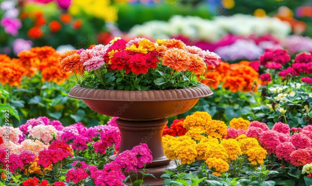 Naklejka premium Colorful flowers in a pot within a vibrant garden setting, ideal for spring themes