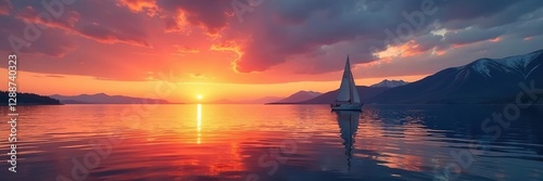 Sunset on Lake Baikal with a sailboat on the horizon, baikal, lakes