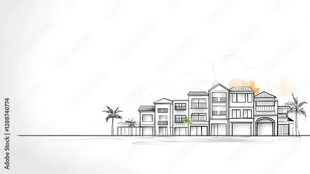 Fototapeta premium Modern architectural sketch of row of urban residential buildings