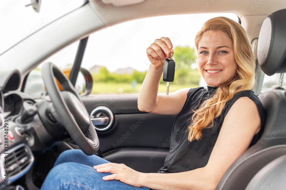 A smiling blonde woman sits in the drivers seat of a modern car, confidently holding up the keys, symbolizing freedom and independence.