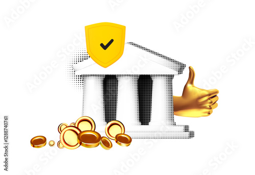 3D halftone bank building with security shield, thumbs up hand gesture and golden coins. Banking concept