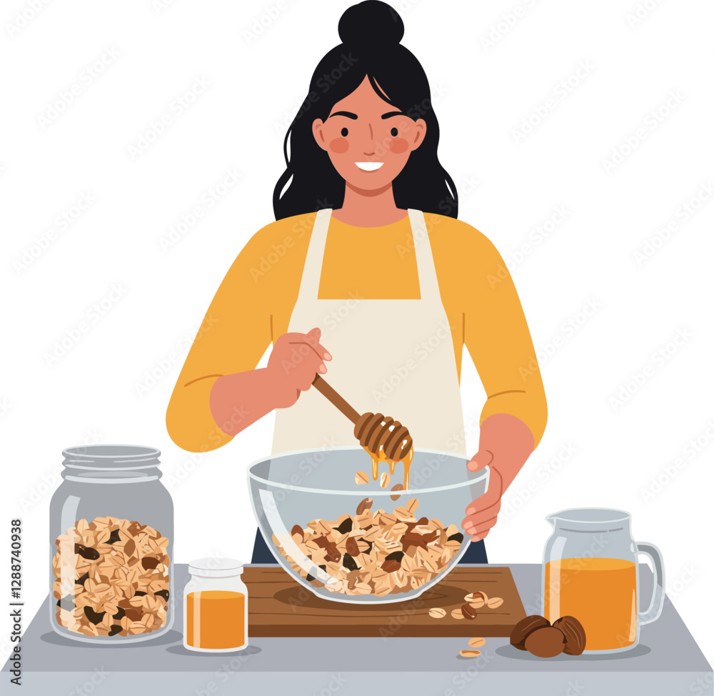 Woman mixing ingredients in a bowl wearing an apron flat vector art Woman mixing ingredients in a bowl wearing an apron flat vector art