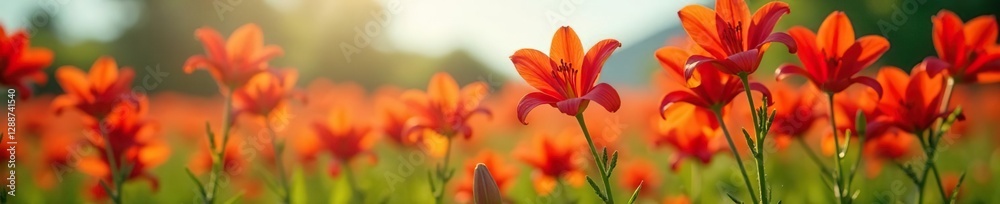 Naklejka premium A field of red lily flowers swaying in the summer breeze, lily, summer