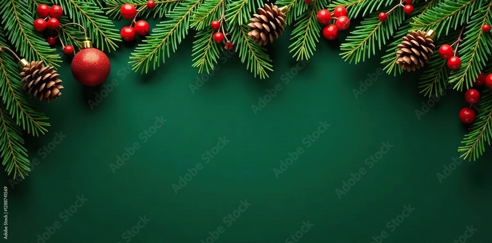 Naklejka premium A dark green background with an evergreen wreath and hanging garland of pinecones and berries, festive holiday, fir, seasonal