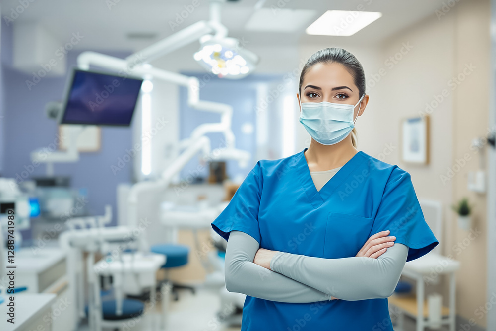 Medical professional stands with arms crossed in a dental clinic, wearing a mask and blue scrubs, surrounded by dental equipment and bright light, conveying a sense of professionalism