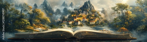 Colorful open book illustration with an enchanting small village on top, vibrant landscape, fantasy scene, charming and peaceful vibe, highdefinition, 8K resolution