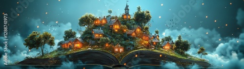 Colorful open book illustration with an enchanting small village on top, vibrant landscape, fantasy scene, charming and peaceful vibe, highdefinition, 8K resolution photo