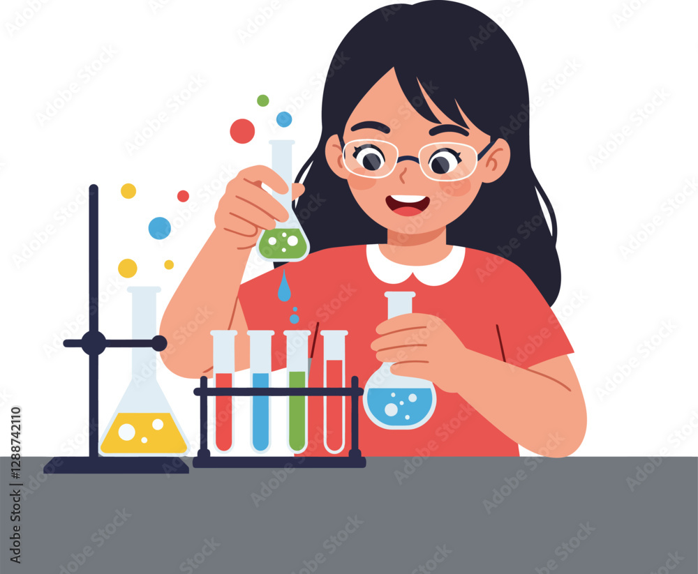 Girl conducting exciting science experiments in flat colorful vector art Girl conducting exciting science experiments in flat colorful vector art