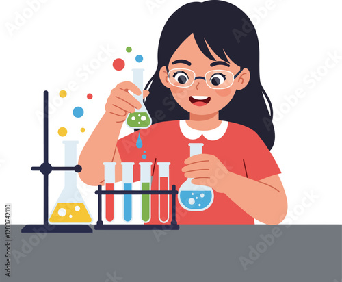 Girl conducting exciting science experiments in flat colorful vector art