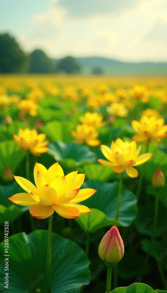 Obraz premium A field of glowing yellow lotuses sways gently in the breeze, lotus, field