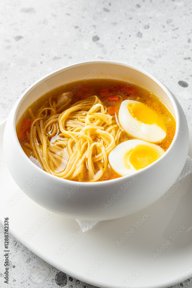A delicious bowl of noodles soup featuring vibrant broth, tender noodles, and two halved soft-boiled eggs, presented in a minimalist white bowl on a textured surface. A delicious bowl of noodles soup featuring vibrant broth, tender noodles, and two halved soft-boiled eggs, presented in a minimalist white bowl on a textured surface.