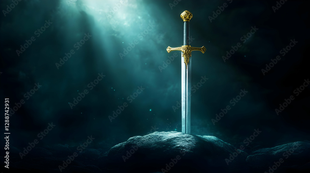 Naklejka premium A mystical sword stands tall on a rock, illuminated by ethereal light, symbolizing power and magic in a fantasy realm.