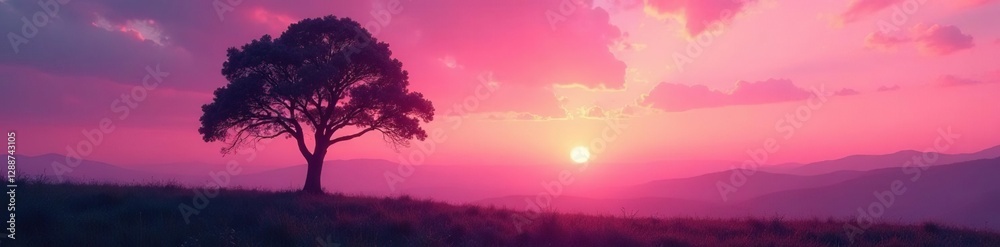 Fototapeta premium Soft pink hues of sunset behind a single tree, forest, trees