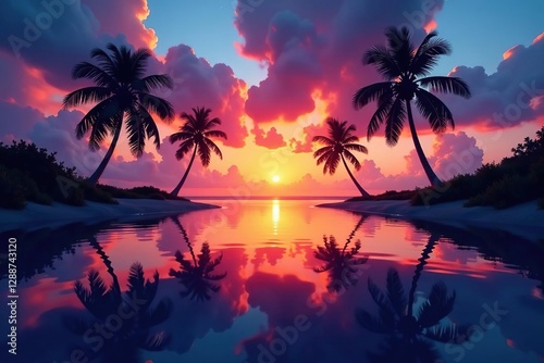 Silhouetted coconut palm trees reflected in calm water at twilight, trees, water