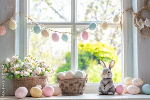 Bright and Cheerful Easter Display with Pastel Eggs, a Bunny, and Spring Flowers on a White Windowsill with a Background of Blooming Green Field – Ideal for Seasonal Celebrations and Easter Promotions photo