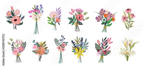 Set of different beautiful bouquets with garden and wild flowers. Collection of various blooming plants with stems and leaves. Cartoon colorful vector illustrations isolated