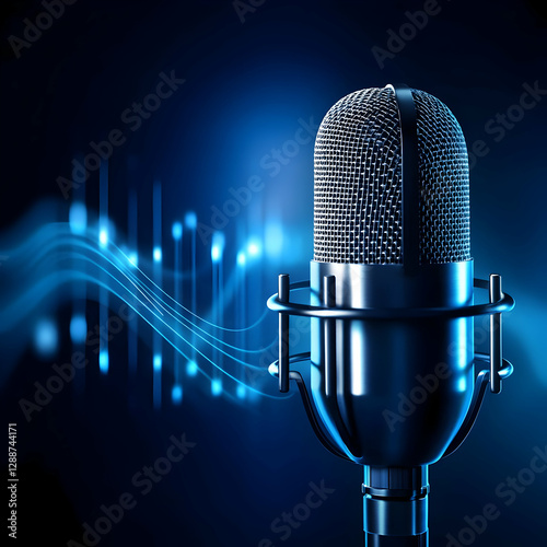 A professional microphone with blue sound waves, representing audio quality and communication in modern media. photo