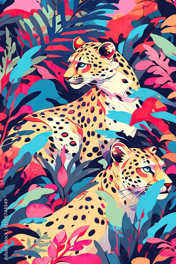 Obraz premium Two leopards among tropical leaves artwork pattern. Wild cats in exotic jungle with palm foliage. Bright neon pink and turquoise colors artistic illustration for textile design