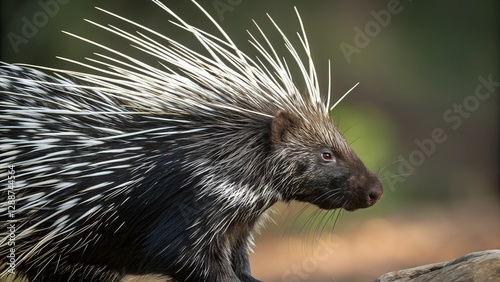 Porcupine's Detailed Portrait: A detailed, striking portrait captures a porcupine in its natural habitat, highlighting its distinctive quills and intense gaze.