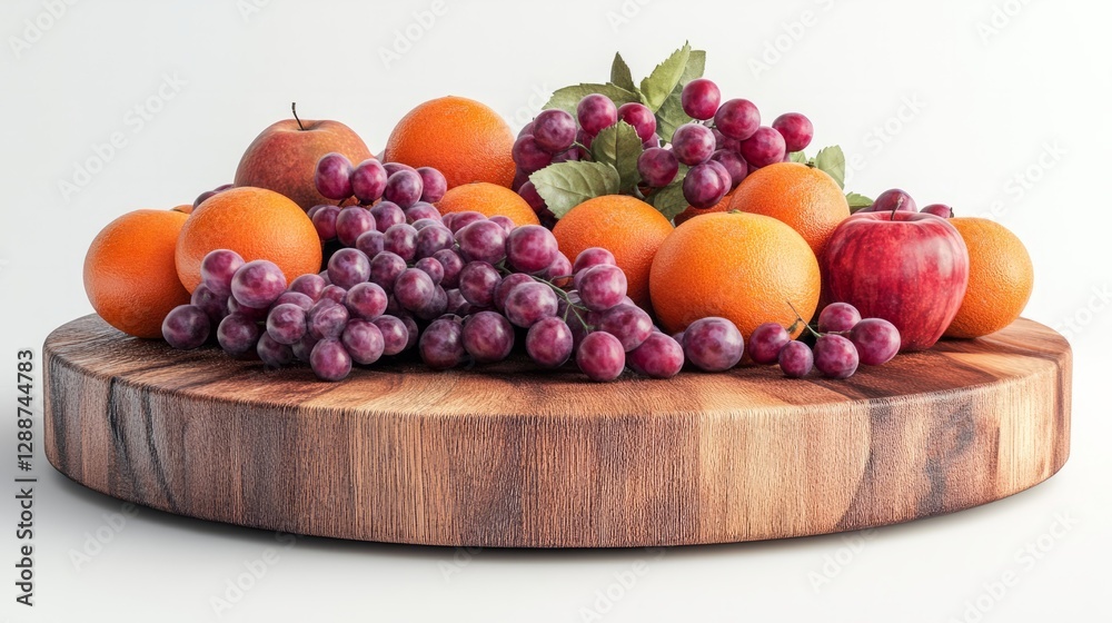 A podium made of wooden texture surrounded by vibrant fruits such as apples, oranges, and grapes, isolated on white A podium made of wooden texture surrounded by vibrant fruits such as apples, oranges, and grapes, isolated on white