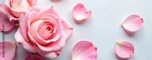 Loose arrangement of rose petals in soft pastel shades on a light gray background, gentle, serene