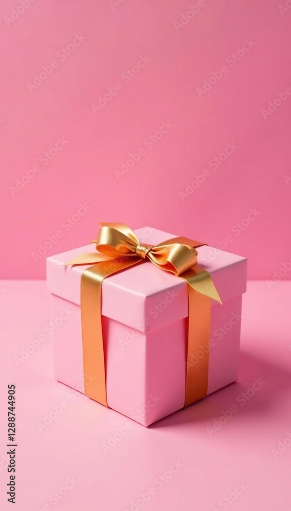 Fototapeta premium Pink gift box wrapped in gold ribbon on a pink background, gift box, gift wrapping, gold bow