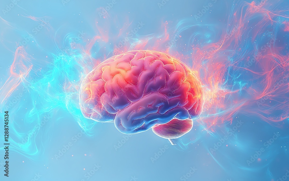 Fototapeta premium Human brain at the center with a light blue background, vibrant colorful patterns and dynamic shapes representing neural connections, intellectual energy, highresolution, 8K UHD