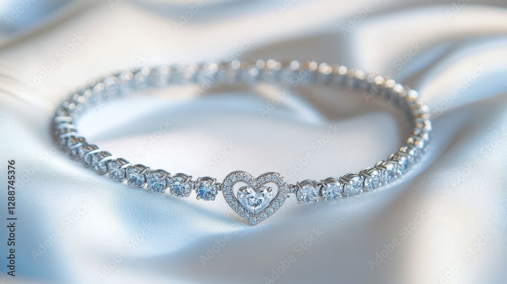 A diamond bracelet with an elegant heart-shaped charm, beautifully arranged on a white satin cloth. A diamond bracelet with an elegant heart-shaped charm, beautifully arranged on a white satin cloth.